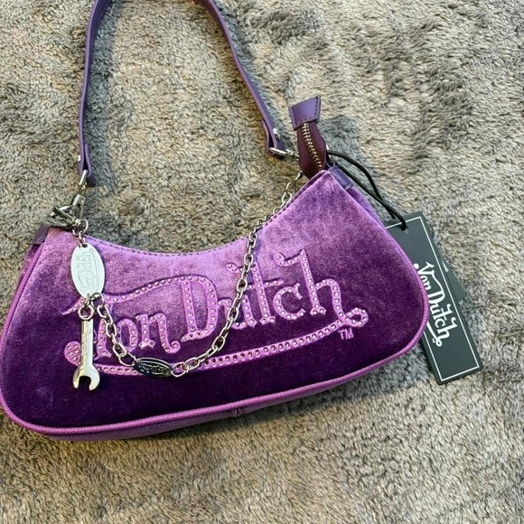 Purple Velvet Von Dutch Shoulder Bag Purse Y2K Retro Style - Picture 2 of 6